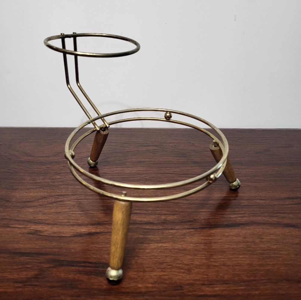 Chip and Dip Caddy Mid Century Modern Vintage 1960s Brass Teak Snack Stand Party